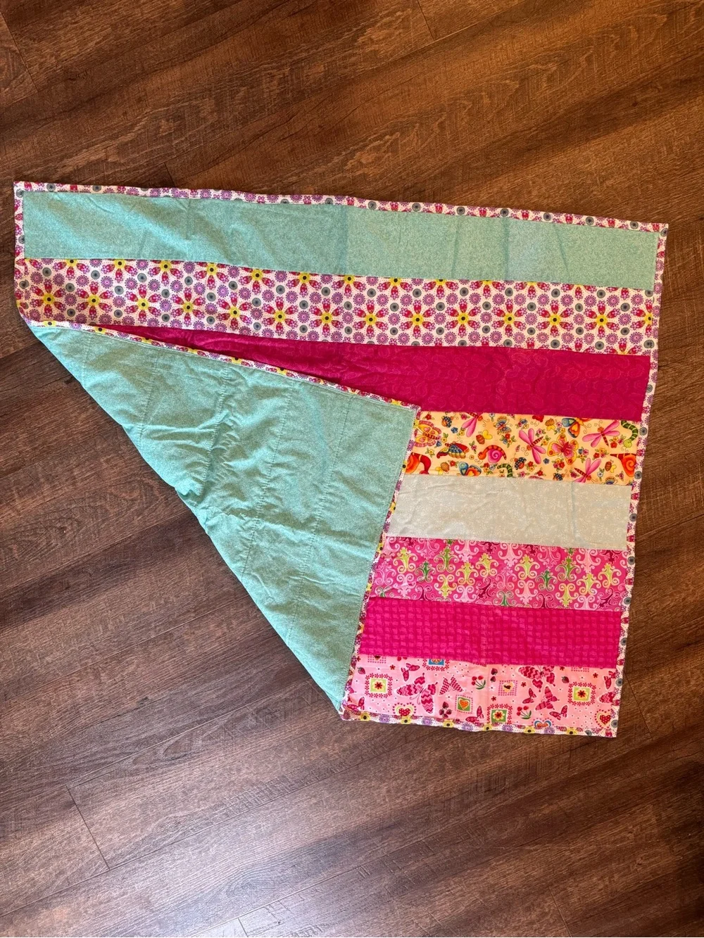 Hand Crafted Pink & Aqua Striped Patchwork Quilt 34 x 42